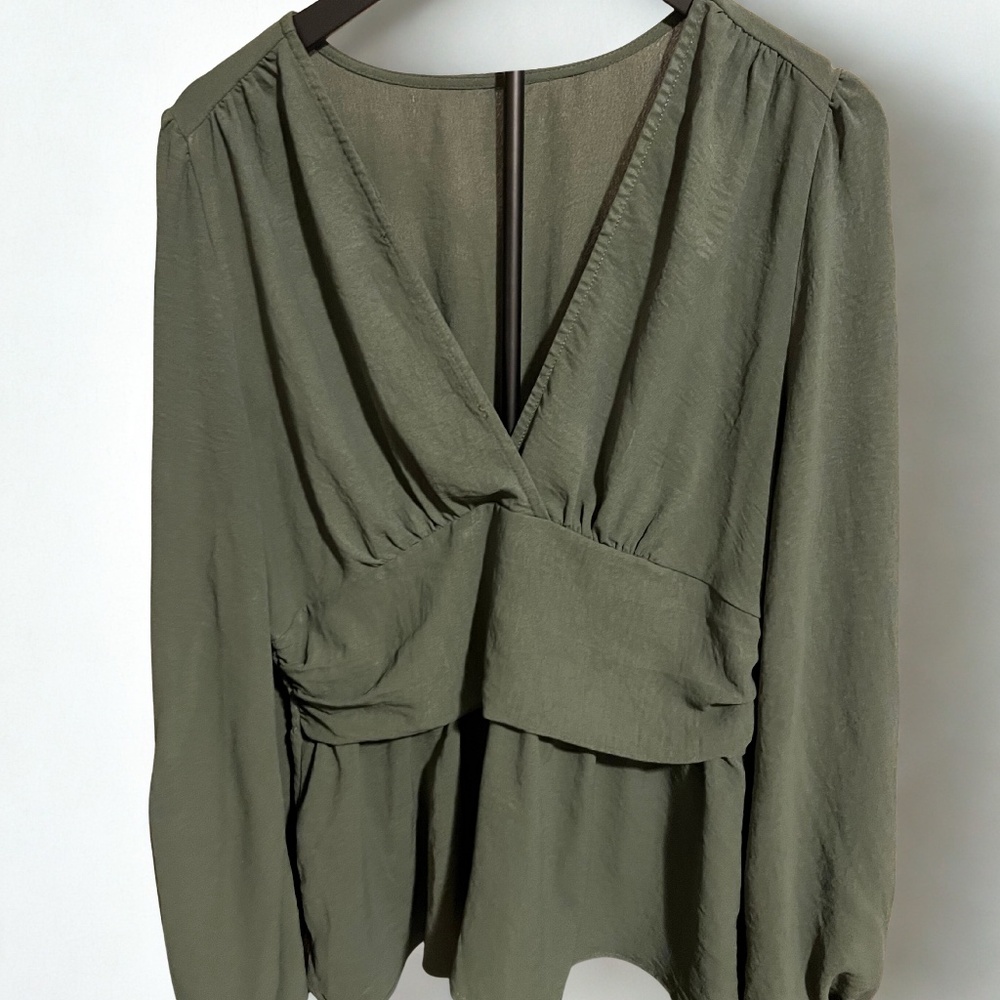 Olive Green Ruched Waist Peplum Blouse – Size XL